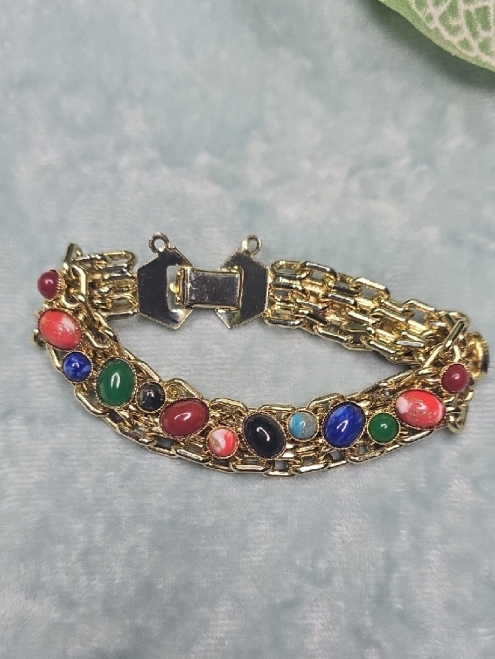 Gold Multicolor Cabochon Link Bracelet - Women Jewelry - Picture 5 of 7